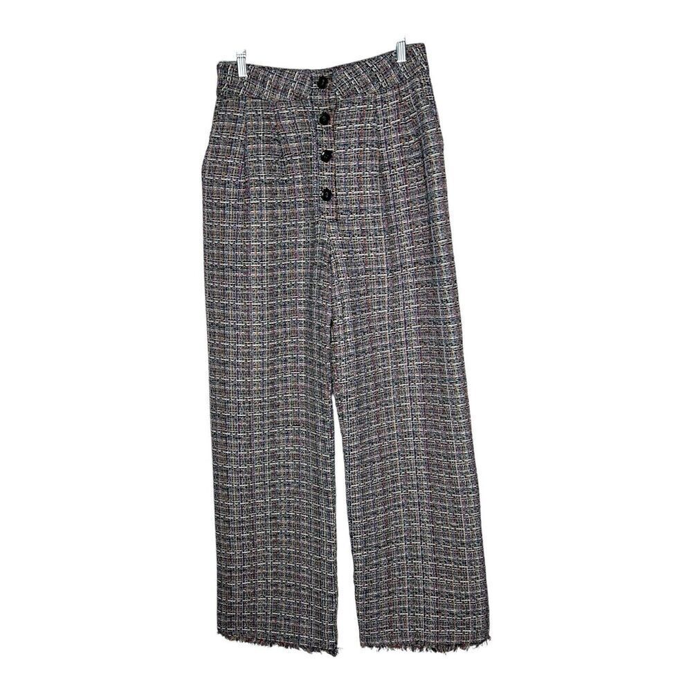 Tularosa‎ Pants Womens Medium Tweed Colorful Wide Leg Fringe Hem Lined High Rise